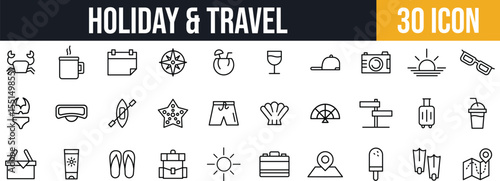 Summer Holiday & Travel Essentials Icons set. Beachwear, Drinks, Navigation, and vacation line icon set.