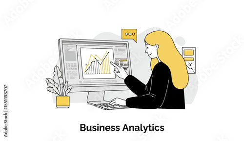 Young woman in a business setting analyzing data on a computer screen. Female data analyst reviewing business analytics at a modern office.