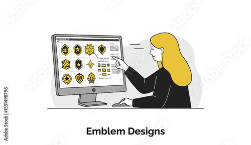 Female graphic designer in a black blazer reviewing emblem designs on a computer screen in an office setting.