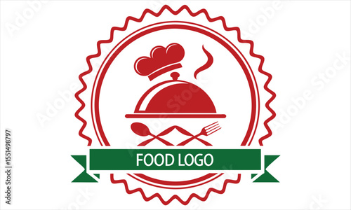 A striking red and green circular emblem featuring a chef s hat atop a cloche serving dish with crossed spoon and fork below signifying culinary excellence and restaurant branding