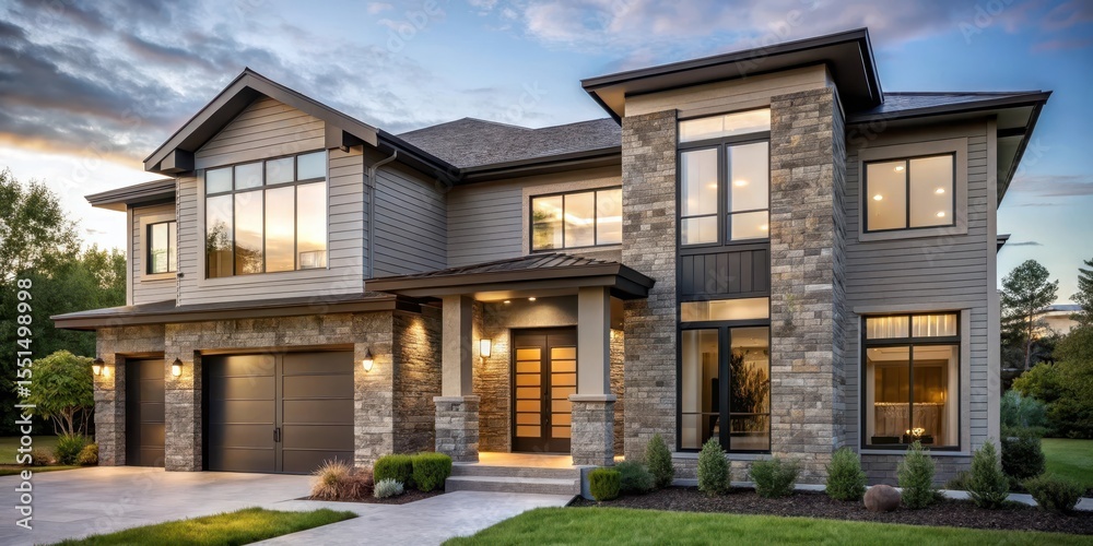 Fototapeta premium Modern two story house with large windows and stone exterior