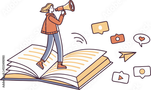 Person with megaphone on open book announcing social media icons silhouette isolated on transparent background