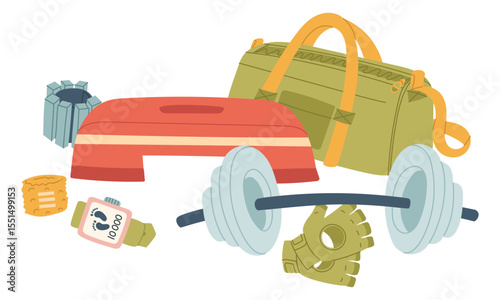 group of fitness items are scattered chaotically. Stopper, dumbbells, gloves, weights, and bandages. Lifting weights. Flat color illustration. For posters, sportswear, apps, packaging, health blogs