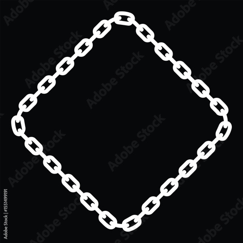 Minimalist black chain oval frame with geometric square links looping continuously. Isolated on white, bold contrast. Symbolizes strength and order, clean vector illustration.