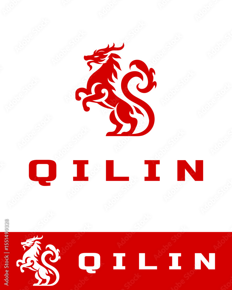 Obraz premium A bold red and white Qilin logo design representing the mythical Chinese creature symbolizing prosperity, power, and protection