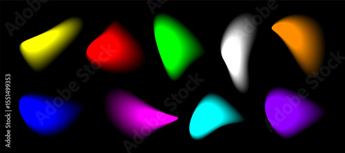 Ten bright, colorful, abstract shapes appear to float against a completely black background. The shapes are soft, blurred, and resemble drops of liquid or paint in motion.