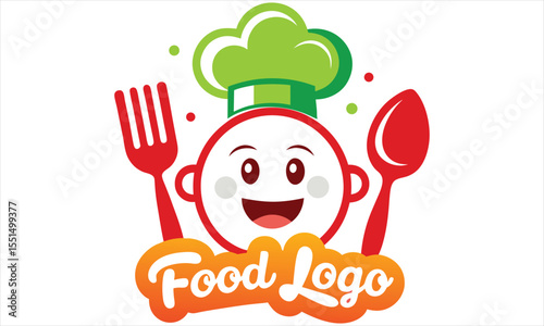 A cheerful cartoon character wearing a chef hat holding a fork and spoon with the words food logo in a vibrant gradient perfect for restaurant branding and culinary businesses