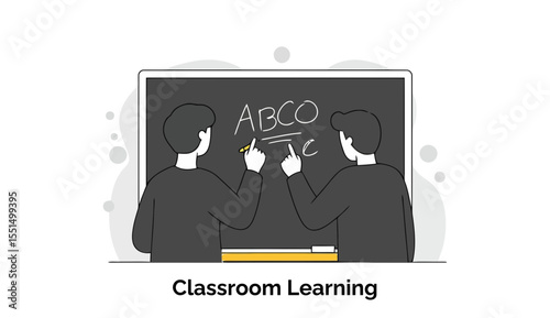 Two male students in casual attire engaged in classroom learning by writing on a chalkboard. Young adults learning basic education in a school setting.