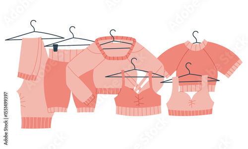 group of women's fitness clothing. Various hoodies, pants, and shorts on hangers cover each other. flat color illustration. For posters, sportswear, apps, packaging, and blogs, for an active lifestyle
