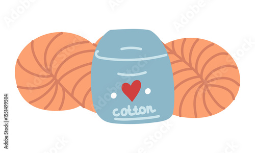 Womb elongated orange colored cotton thread, knitting yarn with label. Flat color isolated illustration. Cozy atmosphere. for packaging, sewing stores, handicraft blogs, creative goods, and handicraft
