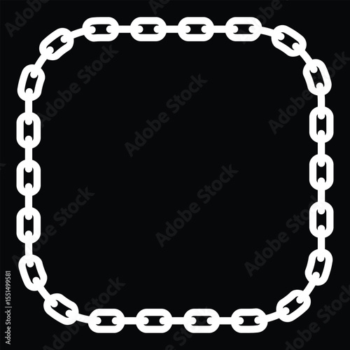 Minimalist black chain oval frame with geometric square links looping continuously. Isolated on white, bold contrast. Symbolizes strength and order, clean vector illustration.