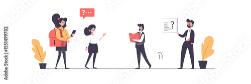 Group of business people asking questions and receiving answers with question marks and speech bubbles flat vector illustration for FAQ concept