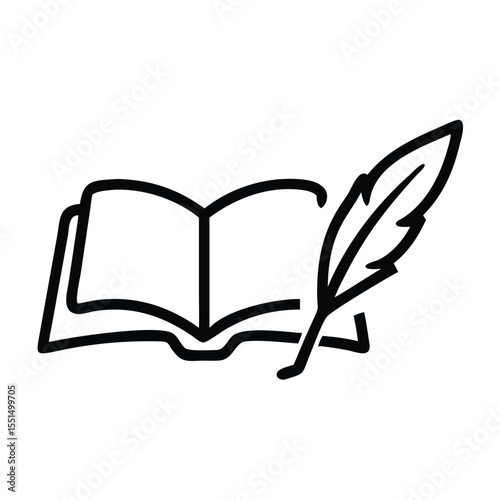 Open book and quill pen vector illustration for writing literature and education icon
