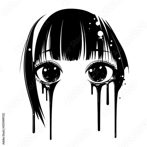 Close up anime girl face with large expressive eyes and stylized black paint dripping from eyes and hair in minimalist black and white vector illustration