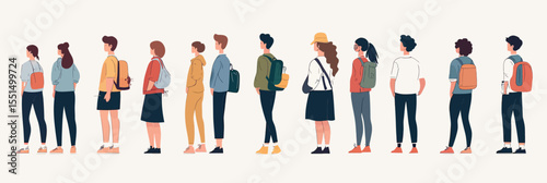 Back view diverse group standing people with backpacks casual clothing urban lifestyle flat vector illustration