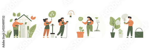 Sustainability energy efficiency concept with characters using plant powered electricity saving money in eco friendly home and office environment flat vector illustration
