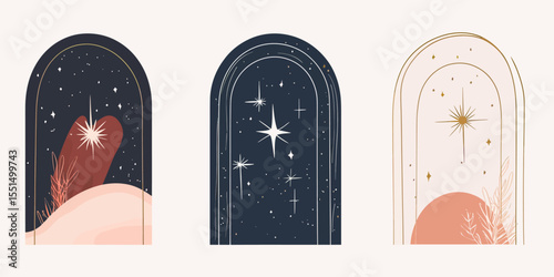 Minimalist boho mystic arch frames set with stars celestial elements and abstract hills in flat line art style