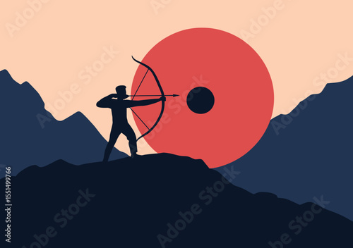 Silhouette archer aiming bow with arrow at large red bullseye target on dark mountain peak under pastel sky minimalist vector illustration concept of missed goal failure