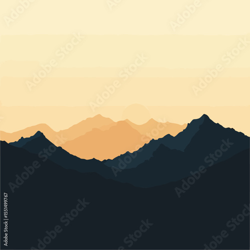 Minimalist layered mountain range silhouette with soft gradient sunrise sky in calm natural landscape vector art