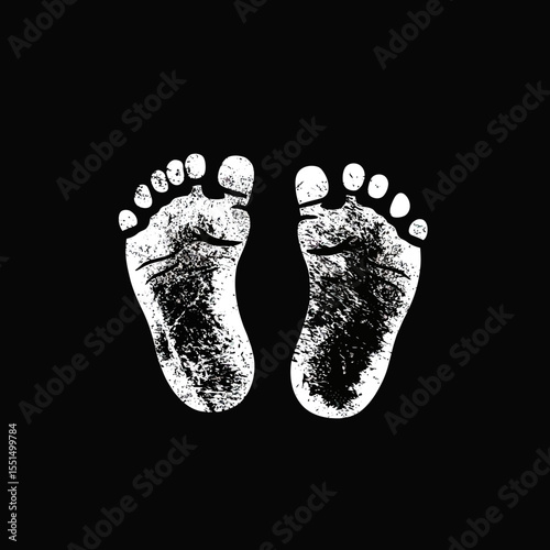 Black and white grunge textured baby footprints silhouette isolated on black background with detailed heel and toes marks minimalist vector style