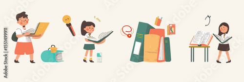 Children reading books studying literature education learning knowledge concept flat minimalist vector illustration school preschool subjects