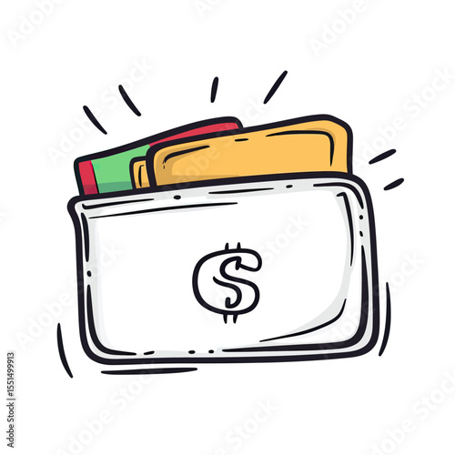 Hand drawn sketch of money wallet with dollar symbol, credit cards and cash, financial savings and budget concept doodle vector illustration