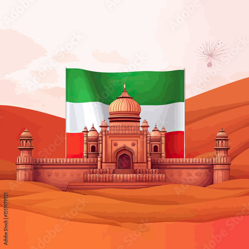 Red Fort monument with abstract orange desert landscape and large tricolor flag in background for India Independence Day celebration design vector