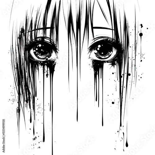 Black and white manga style anime girl eyes with dripping ink tears and paint splatter on white background vector illustration minimalist design