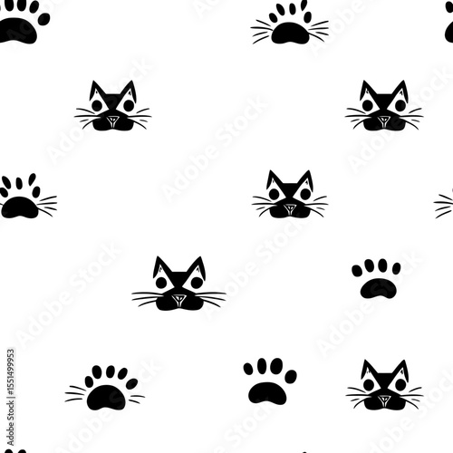 Seamless pattern black cat faces and paw prints doodle hand drawn sketch minimalistic vector illustration white background cute pet design