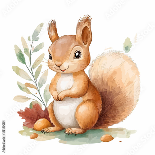 Adorable watercolor illustration of a cute red squirrel with bushy tail sitting near autumn leaves and acorns on white background