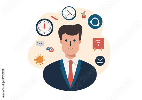 Confident businessman avatar with time management icons communication network and productivity symbols flat vector concept