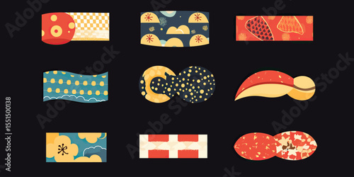 Set of nine decorative washi tape and scotch tape stickers with minimalist geometric, floral, and abstract Japanese-style patterns on black background vector illustration