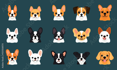 Set of 15 Flat Minimalist Vector French Bulldog Dog Heads with Various Coat Colors and Expressions on Dark Background