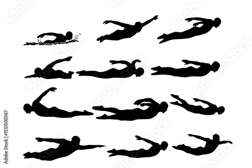 Silhouettes of swimmers performing various swimming strokes in sequence. Black vector illustration showing dynamic swim poses and aquatic motion for sports or training