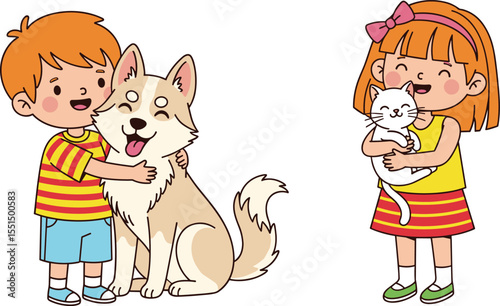 Cartoon Kids with Pets: Boy Hugging a Dog and Girl Holding a Cat in a Heartwarming Scene