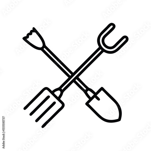 Explore gardening tools shovel and rake vector icon for agriculture and horticulture enthusiasts design resource