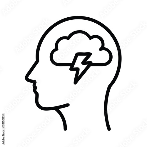 Brainstorming creative mind head with cloud and lightning bolt idea generation illustration icon