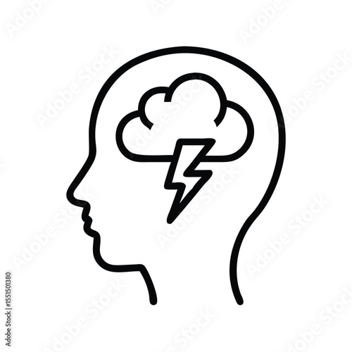 Brain storm mental health concept illustration showing anxiety and stress with lightning bolt inside head