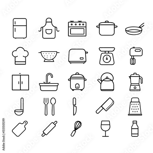 Set of 30 Kitchen Line Icons – Minimalist Vector Cooking and Appliance Symbols