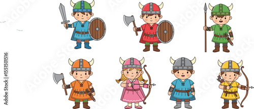 Cartoon Viking Warriors: Colorful Characters with Helmets, Shields, Axes, and Bows in a Friendly Design