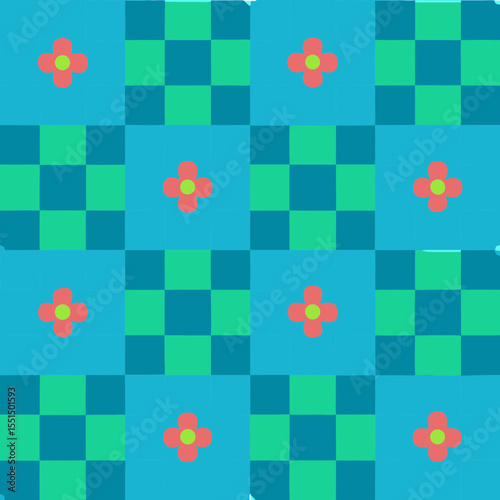 Colorful gingham pattern with floral motifs on a bright blue background for vibrant textiles and decor