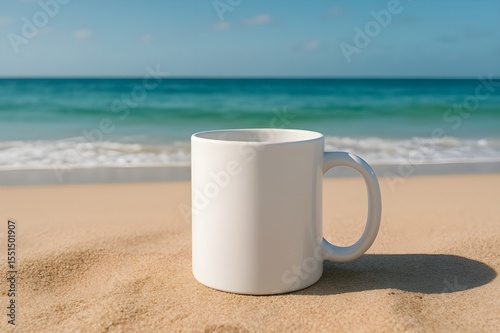 Serene Beach Scene with White Ceramic Mug – Calm Coastal Lifestyle Mockup
