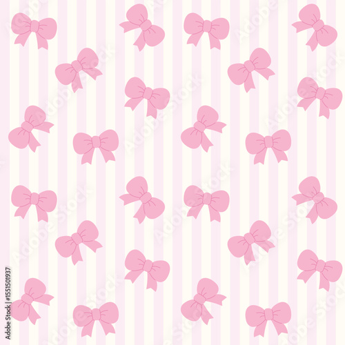 Coquette Ribbon Seamless Pattern on Stripe Background.Cute Pink Bow Repeat Design for Fabric, paper.