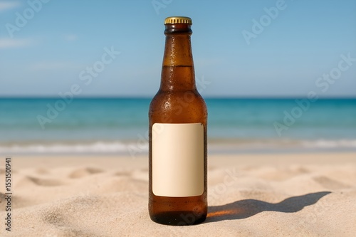 Amber Brown Beer Bottle Beach Mockup for Branding and Design – Coastal Beverage Display