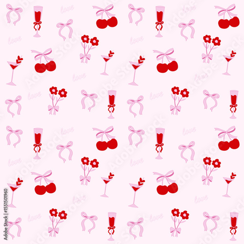 Coquette Ribbon and Wine Glass Seamless Pattern.Romantic Pink Repeat Design for Party, Fabric, and Gift Wrapping.