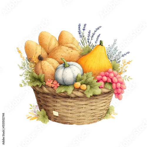 Harvest basket filled with breads, squash, lavender, leaves and grapes on a white background
