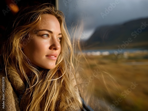 Thoughtful blonde woman gazes out train window at blurred mountain landscape du a solo journey abroad.