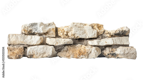 Stone wall cut out with rough surface texture and irregular rock pattern showcasing natural construction detail isolated on white background