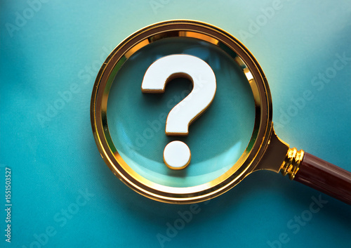 close up magnifier glass with question mark, concept of finding or searching for idea, search for information, find out.