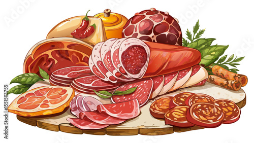 Create an image depicting a composition of cured meats, including a salami, a ham, and sliced cold cuts. The illustration should be in watercolor style on a white background.